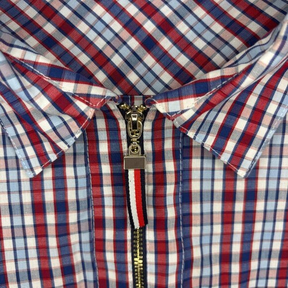TIMMY HILFIGER Half Zip Blouse Womens L Red White Blue Roll Tab Sleeve - Picture 7 of 8
